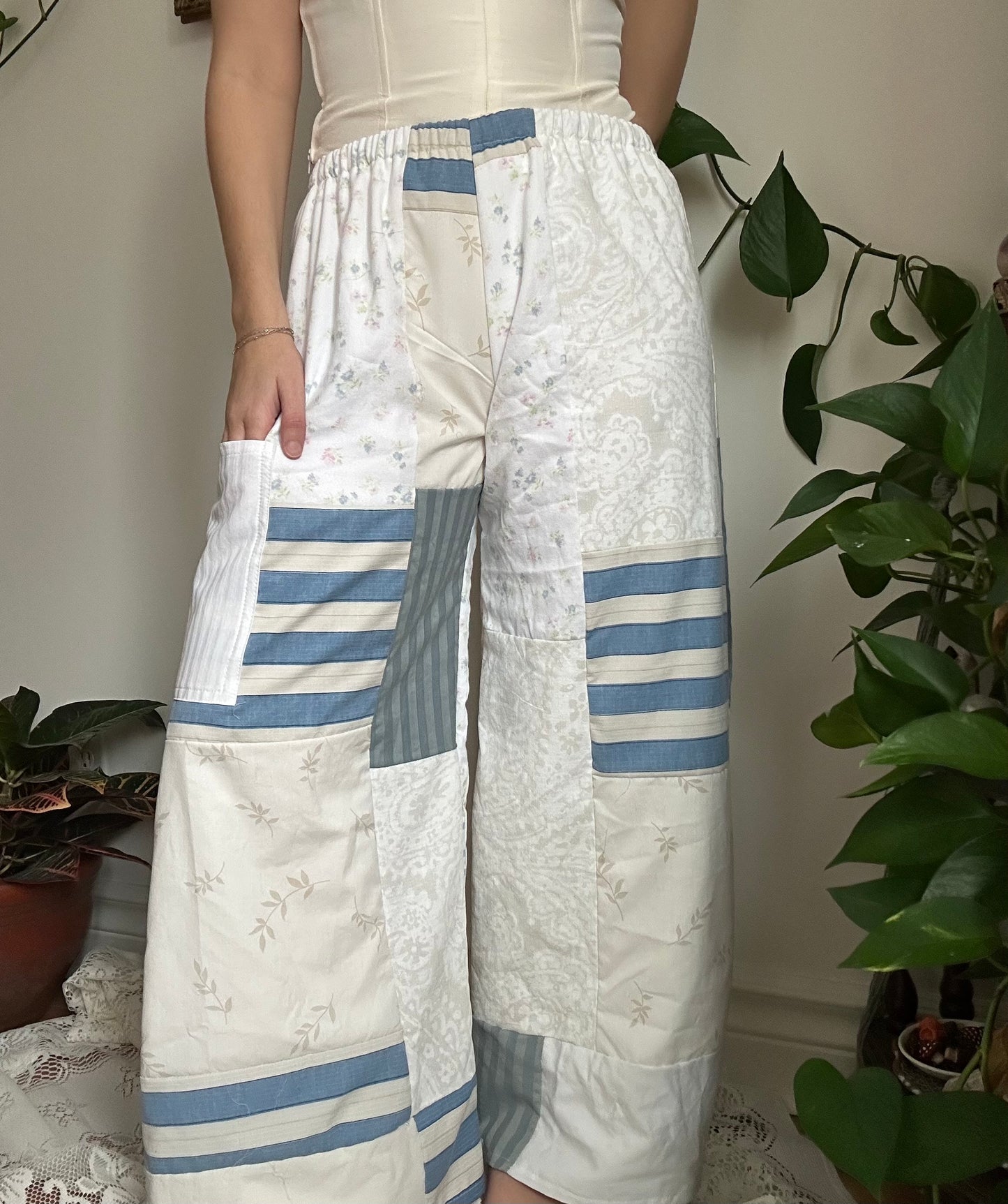 Upcycled Patchwork Blue/White Quilt Pants (2) - XS/S