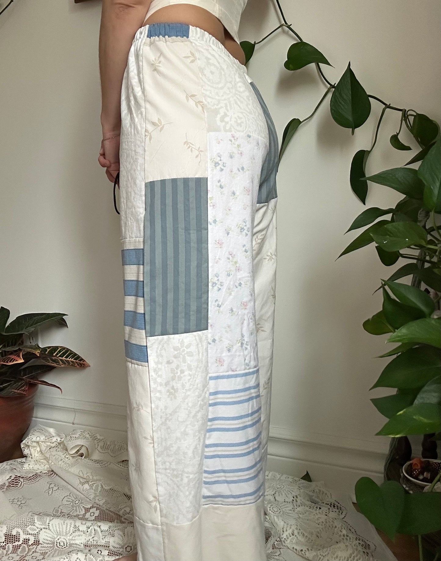 Upcycled Patchwork Blue/White Quilt Pants (2) - XS/S