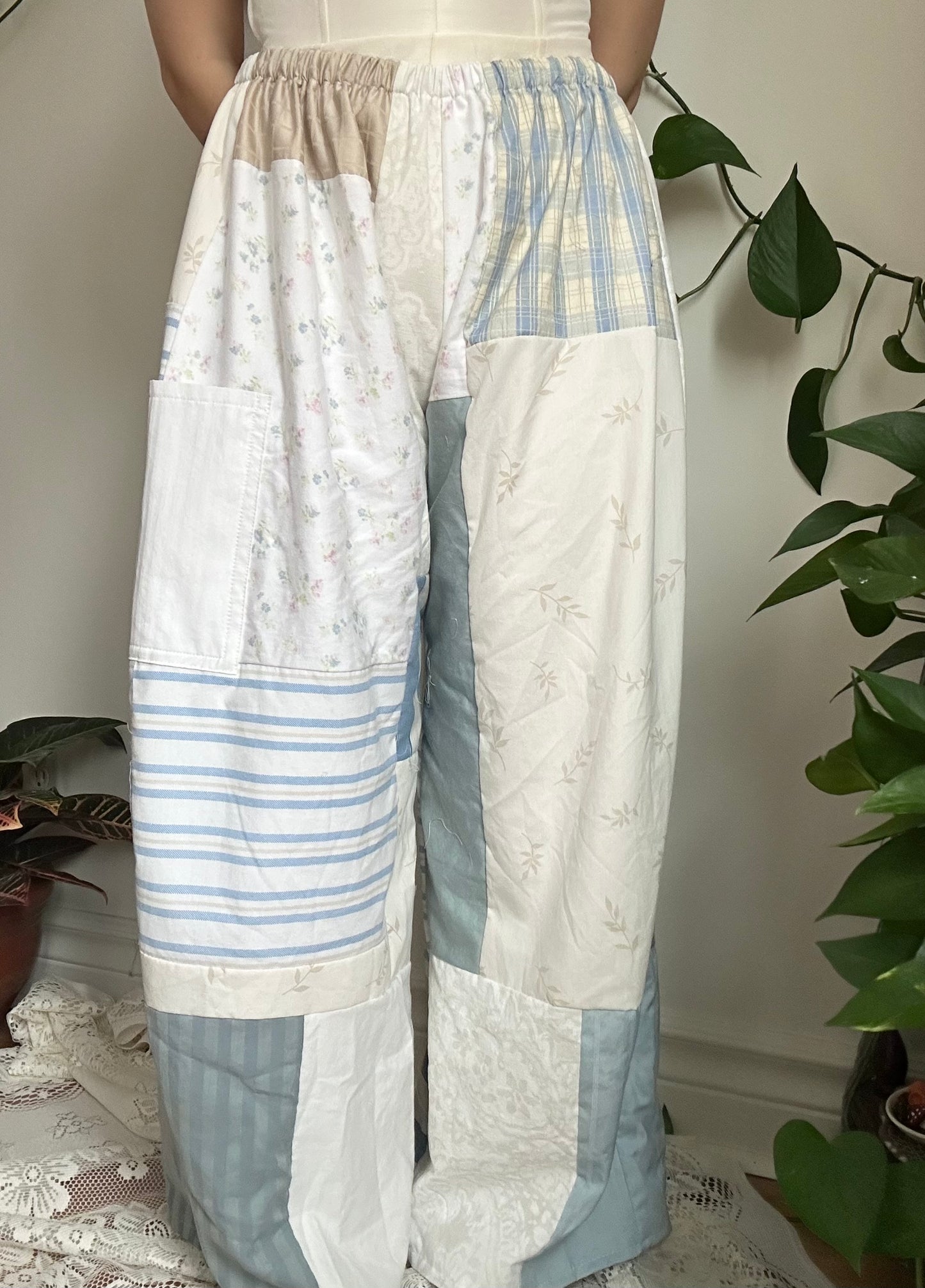 Upcycled Patchwork Blue/White Quilt Pants (3) - M/L