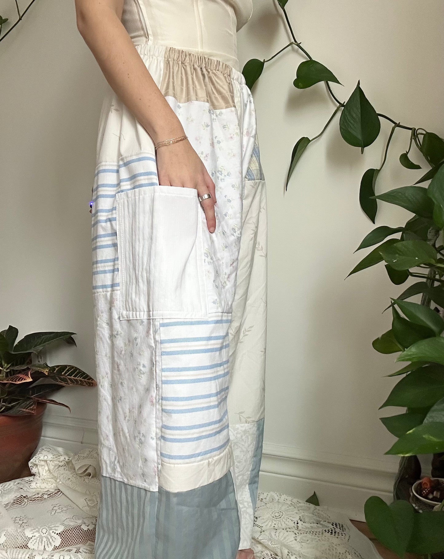 Upcycled Patchwork Blue/White Quilt Pants (3) - M/L