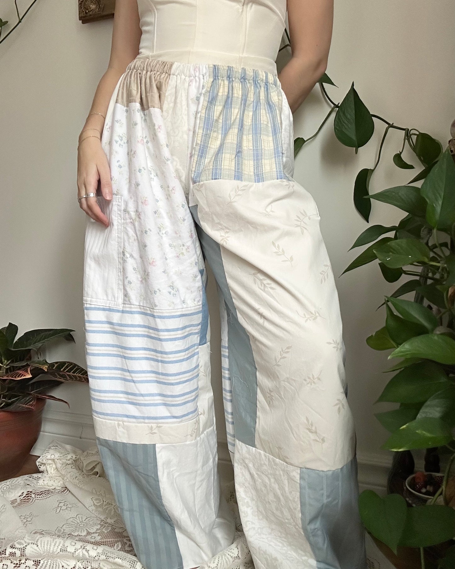 Upcycled Patchwork Blue/White Quilt Pants (3) - M/L