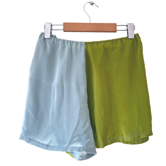 Blue/Green Patchwork 100% Upcycled Silk Sleep Shorts- XL/XXL
